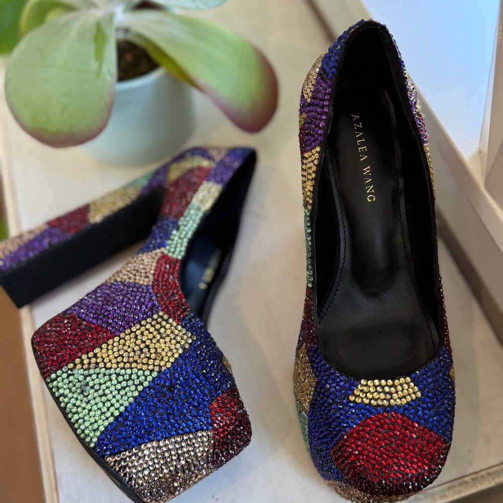 AZALEA WANG Margaret Multi Rhinestone Platform Heels Party Colorful WOMEN 6 - Picture 8 of 12